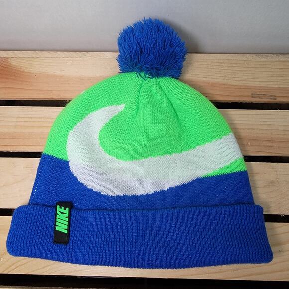 Nike Knit Blue Green & White Beanie w/ Single Pom Pom - Size Youth* - Picture 1 of 6